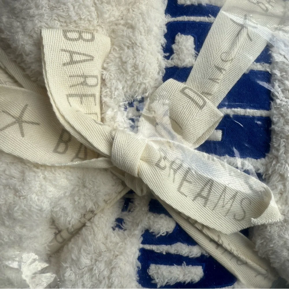 NWT Jeopardy! Barefoot Dreams Cream Throw Blanket Blue Lettering